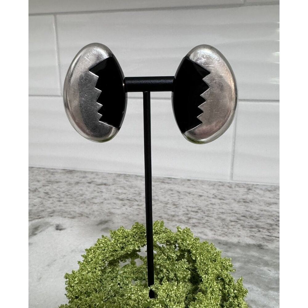 Vintage Taxco Signed Sterling Silver Onyx Abstract Clip On Earrings